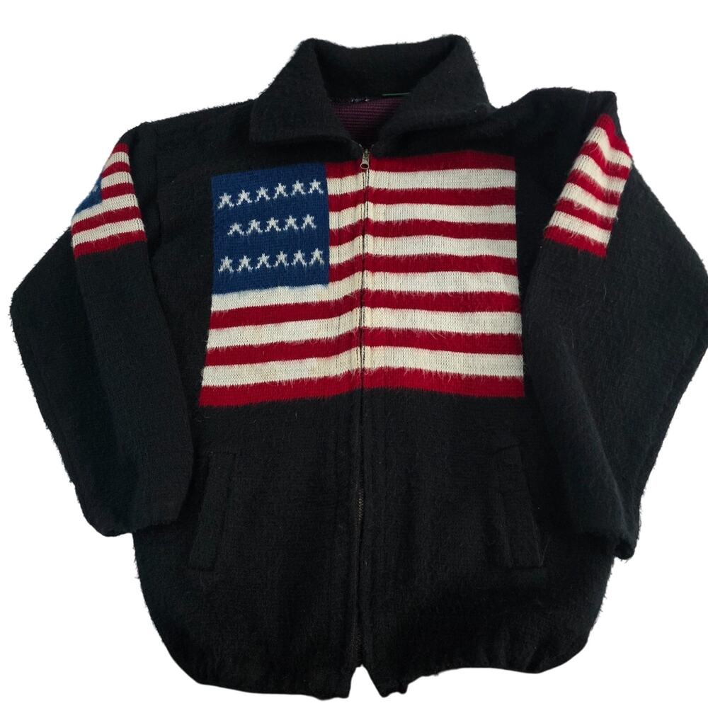 Ruminahui Men’s Wool Full Zip‎ Sweater Jacket USA Flag Black Red Ecuador L/XL